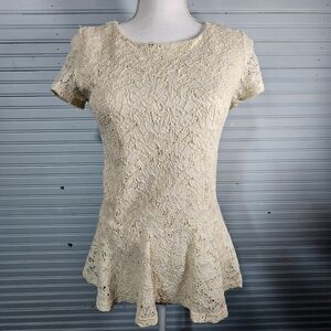 Bobeau Boho Peplum Ecru Cream Stretch Lace Top Women's Size M